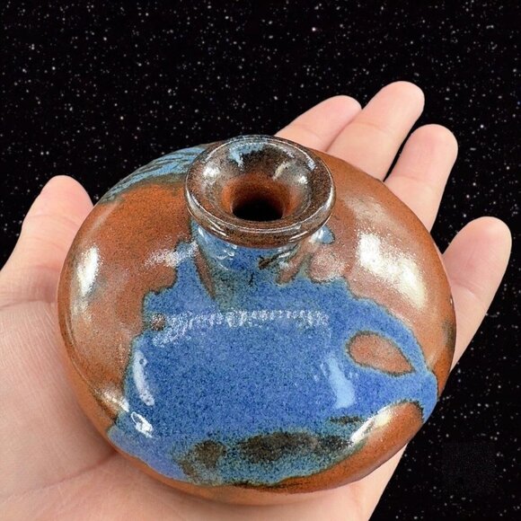 Vintage Hand Trown Art Pottery Bud Vase Signed Hand Made Ceramic Blue Red Drip - Picture 2 of 16